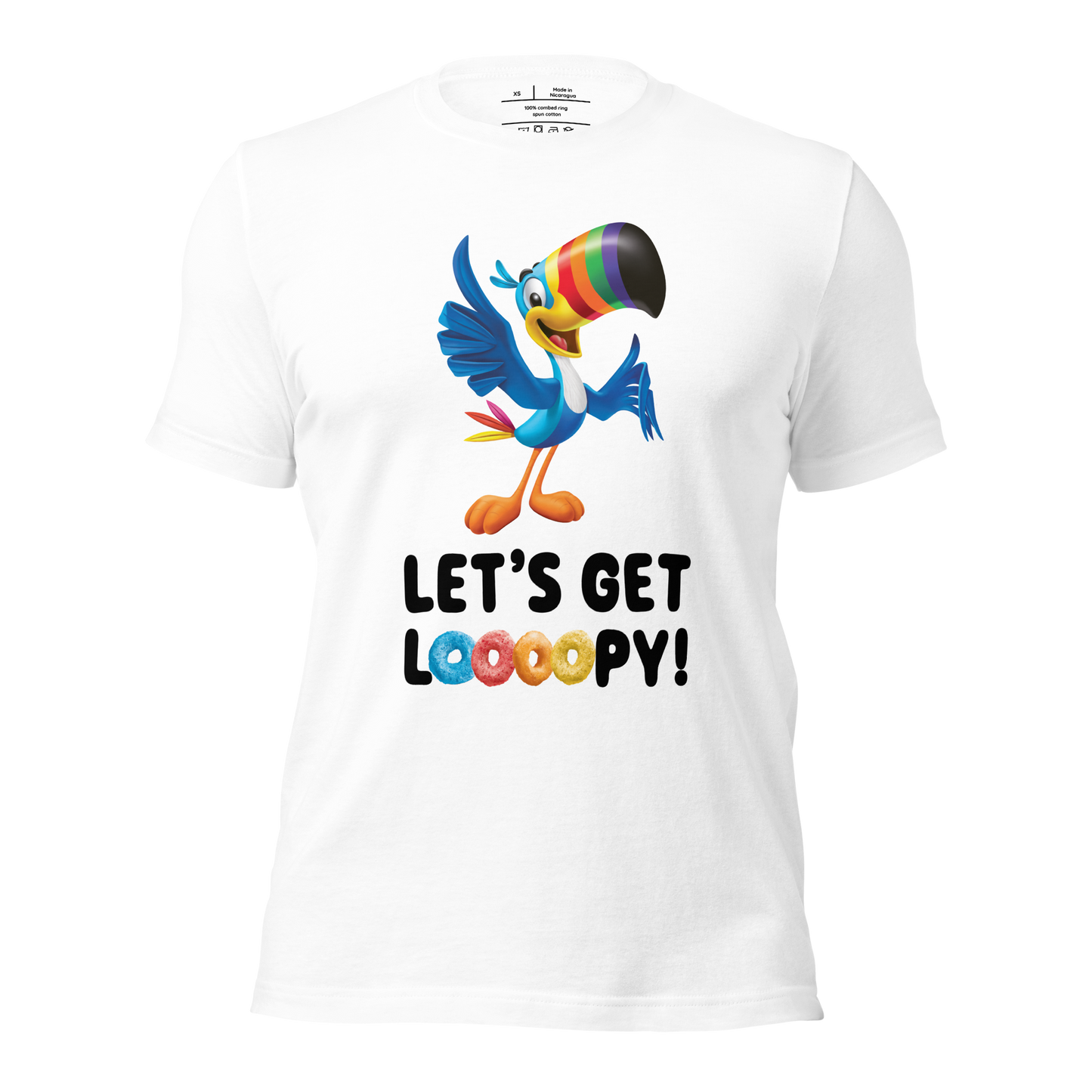 Unisex Froot Loops® "Let's Get Loooopy" T-Shirt with Toucan Sam™ and bright graphics of Froot Loops® lettering.