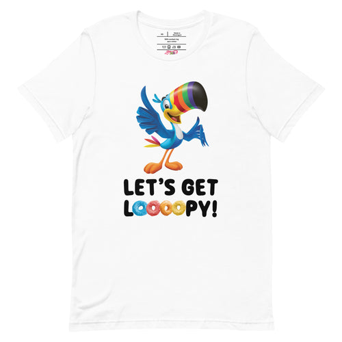 Froot Loops® "Let's Get Loooopy" T-Shirt featuring Toucan Sam™ with his vibrant rainbow beak and colorful slogan on the front.