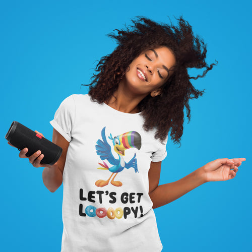 Model dancing in the Froot Loops® "Let's Get Loooopy" T-Shirt, showcasing Toucan Sam™ and the colorful slogan.