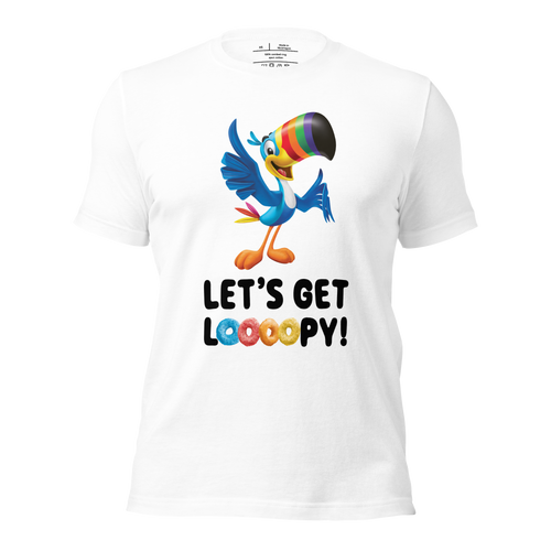 Unisex Froot Loops® "Let's Get Loooopy" T-Shirt with Toucan Sam™ and bright graphics of Froot Loops® lettering.