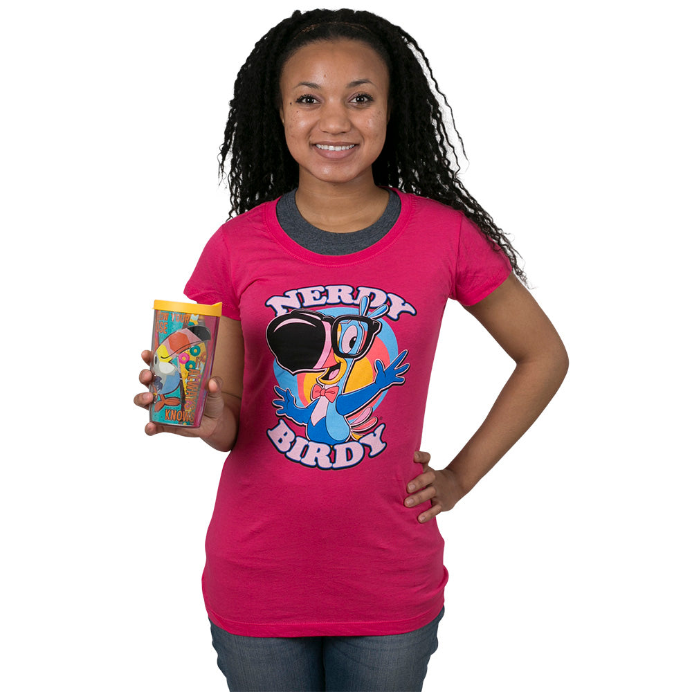 Model wearing the Froot Loops® Women's Slim Fit T-Shirt in dark pink, featuring a colorful Toucan Sam™ nerdy design