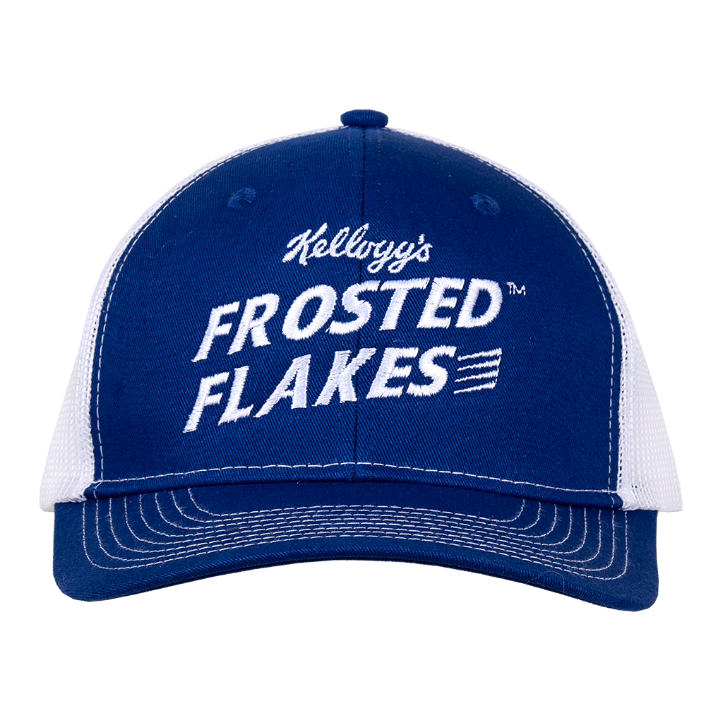 Front view of the Frosted Flakes® Retro Trucker Cap featuring a navy blue crown with the iconic Frosted Flakes® logo embroidered in white.