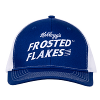 Front view of the Frosted Flakes® Retro Trucker Cap featuring a navy blue crown with the iconic Frosted Flakes® logo embroidered in white.