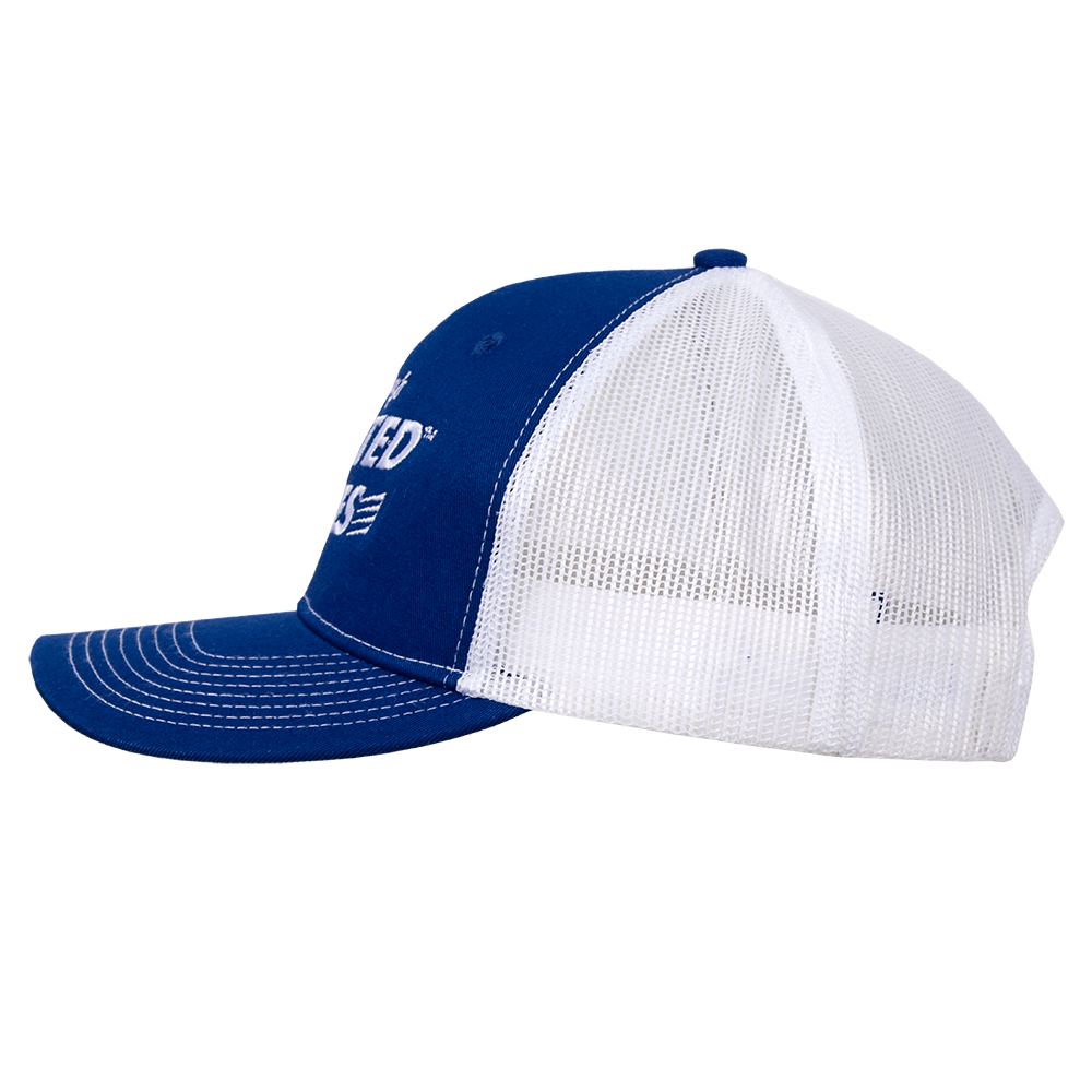 Side view of the Frosted Flakes® Retro Trucker Cap showing the navy blue front panel and white mesh back with a structured curved brim.