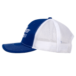 Side view of the Frosted Flakes® Retro Trucker Cap showing the navy blue front panel and white mesh back with a structured curved brim.