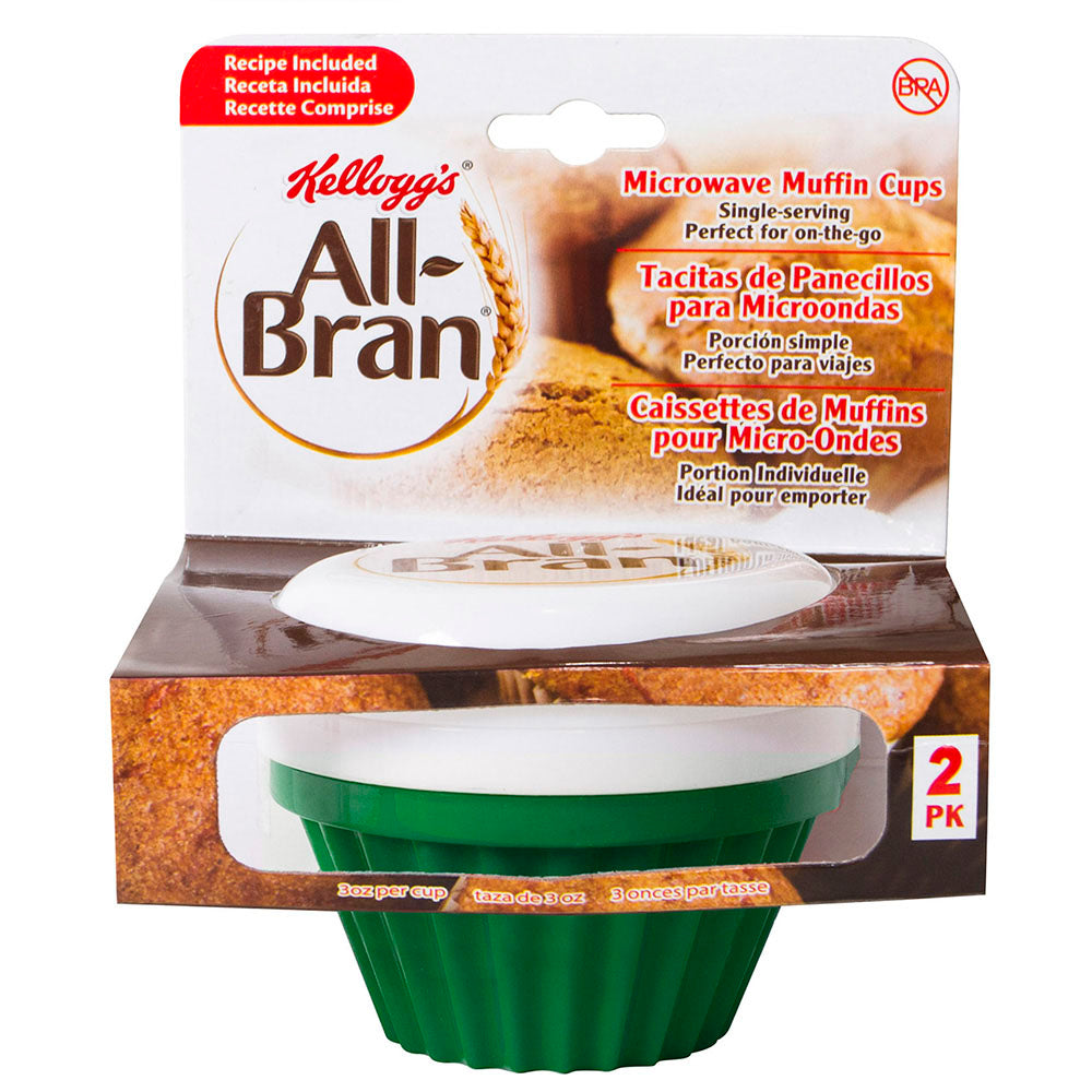 Kellogg's All-Bran® Muffin Maker packaging, showing a set of two green microwave muffin cups with white lids and text highlighting single-serving convenience.