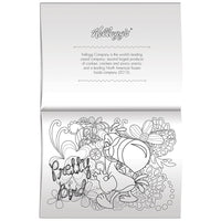 Kellogg's Coloring Book pages featuring Toucan Sam™ and floral patterns in a black-and-white illustration.