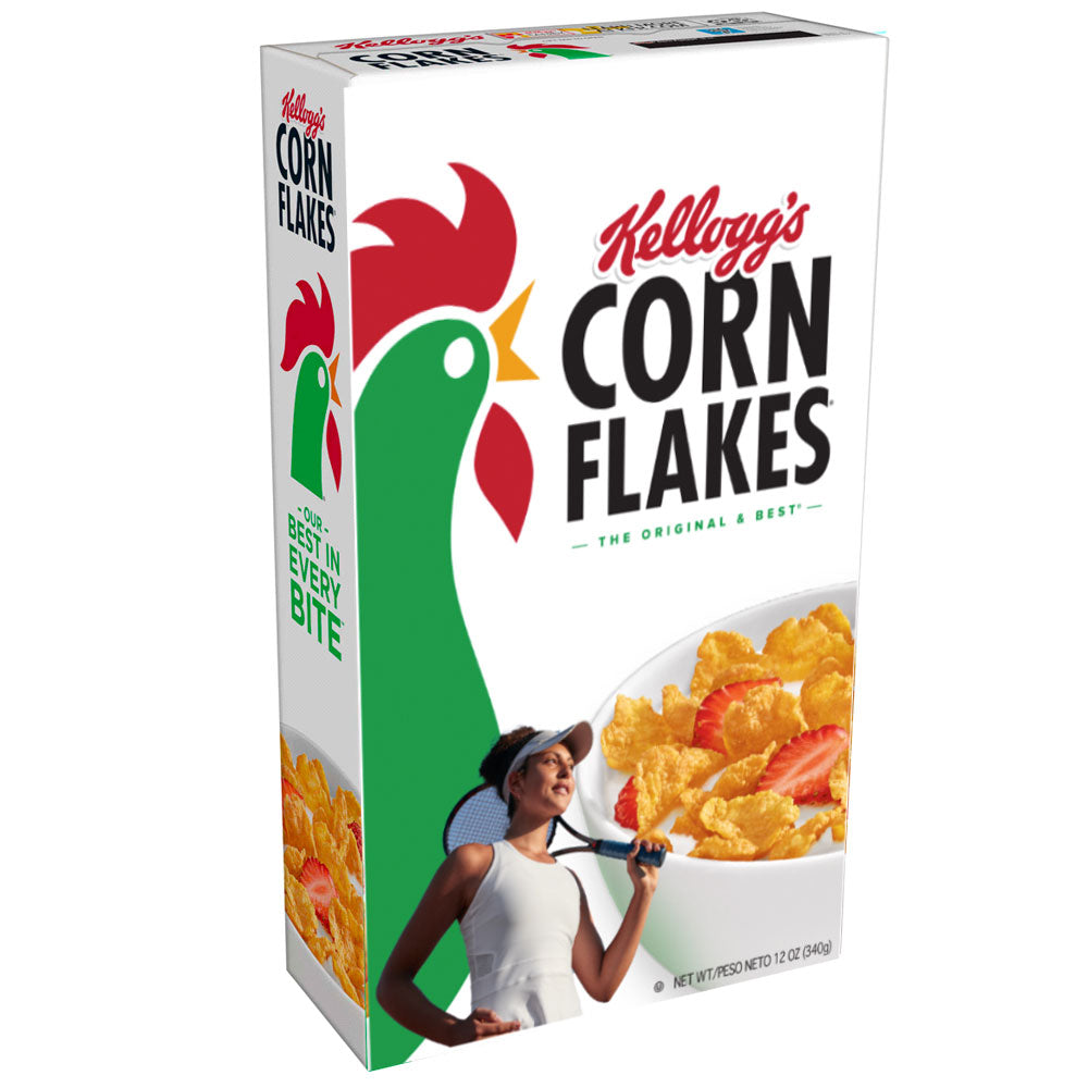 Front of custom corn flakes cereal box featuring a personalized photo.