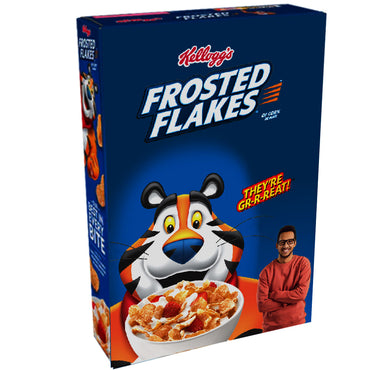 Front of custom Frosted Flakes cereal box featuring a personalized photo.