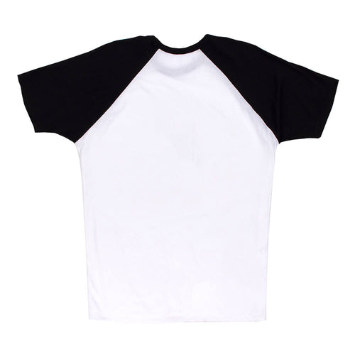 Back view of Let Your Great Out unisex raglan tee, laid flat, with black sleeves and a plain white back.