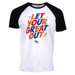 Front view of Let Your Great Out unisex raglan tee, displayed upright, showcasing bold text design in orange, red, and blue.