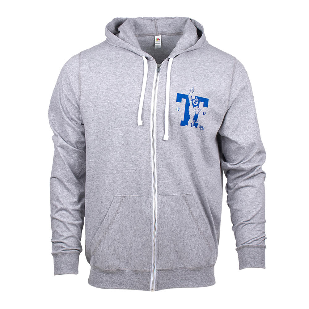 Tony 1952 Unisex Full Zip Hoodie displayed upright, highlighting the front view with the iconic Tony the Tiger® logo on the left chest in blue.