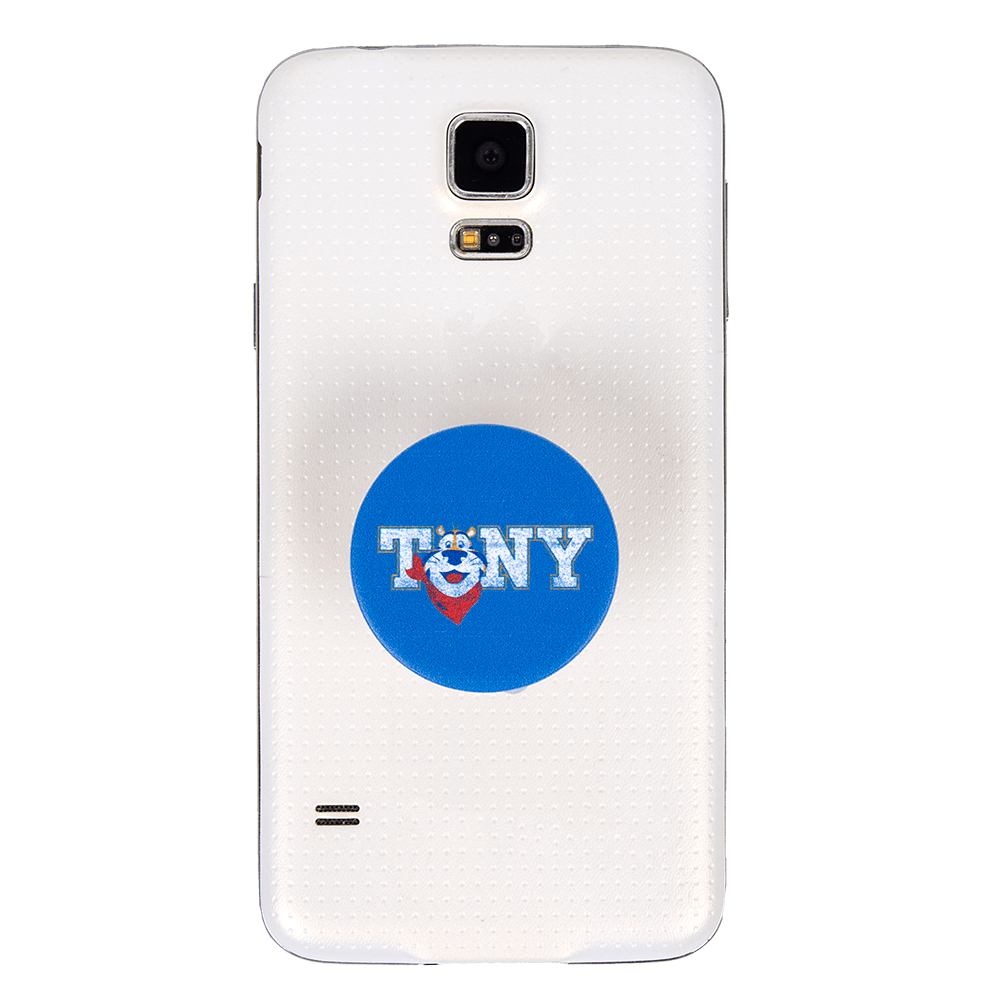 The Tony® Pop Socket attached to the back of a white smartphone, providing a stylish and functional grip.