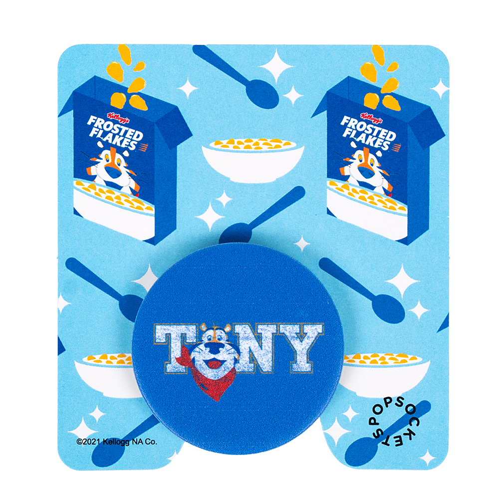 A Tony® Pop Socket on its packaging featuring a Frosted Flakes® cereal box design and colorful spoons on a light blue background.