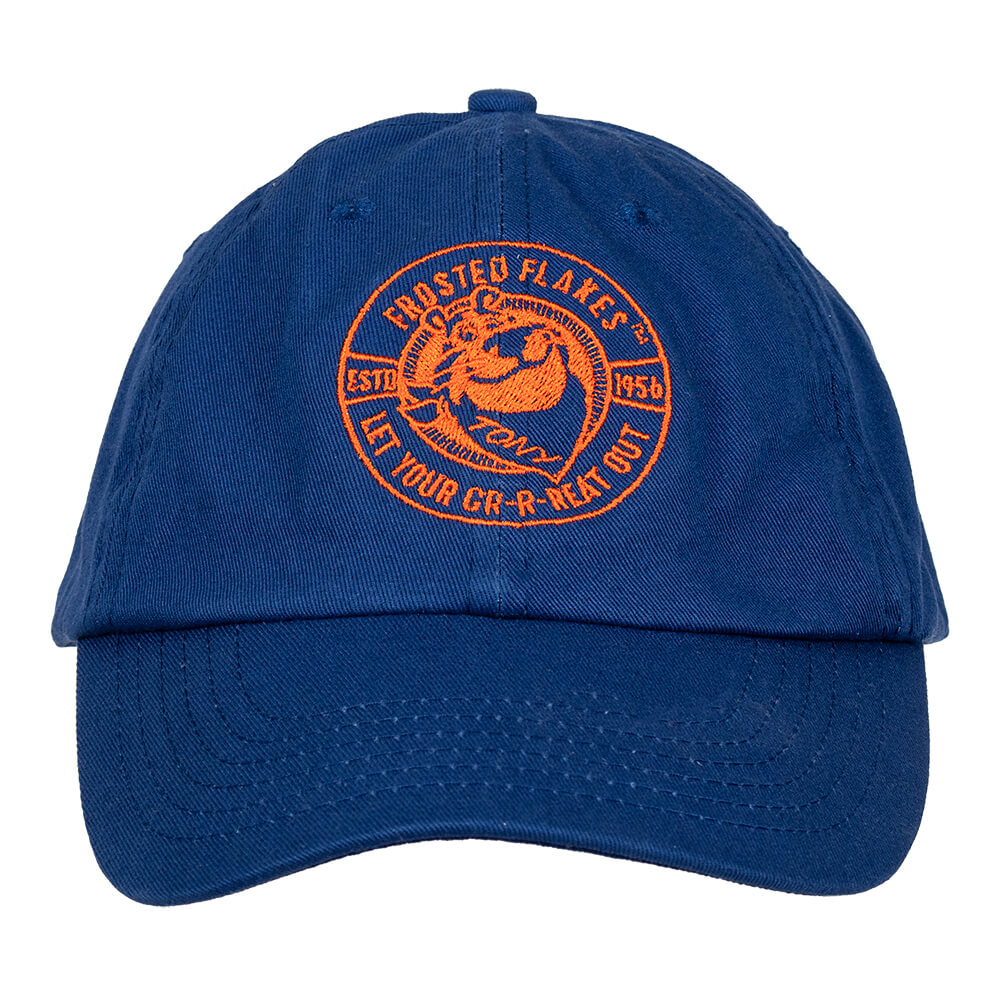 Text: Front view of blue Tony the Tiger® Dad Hat with iconic embroidered badge, perfect for casual wear.