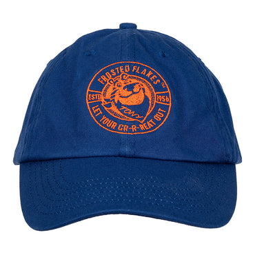 Front view of blue Tony the Tiger® Dad Hat with iconic embroidered badge, perfect for casual wear. 2