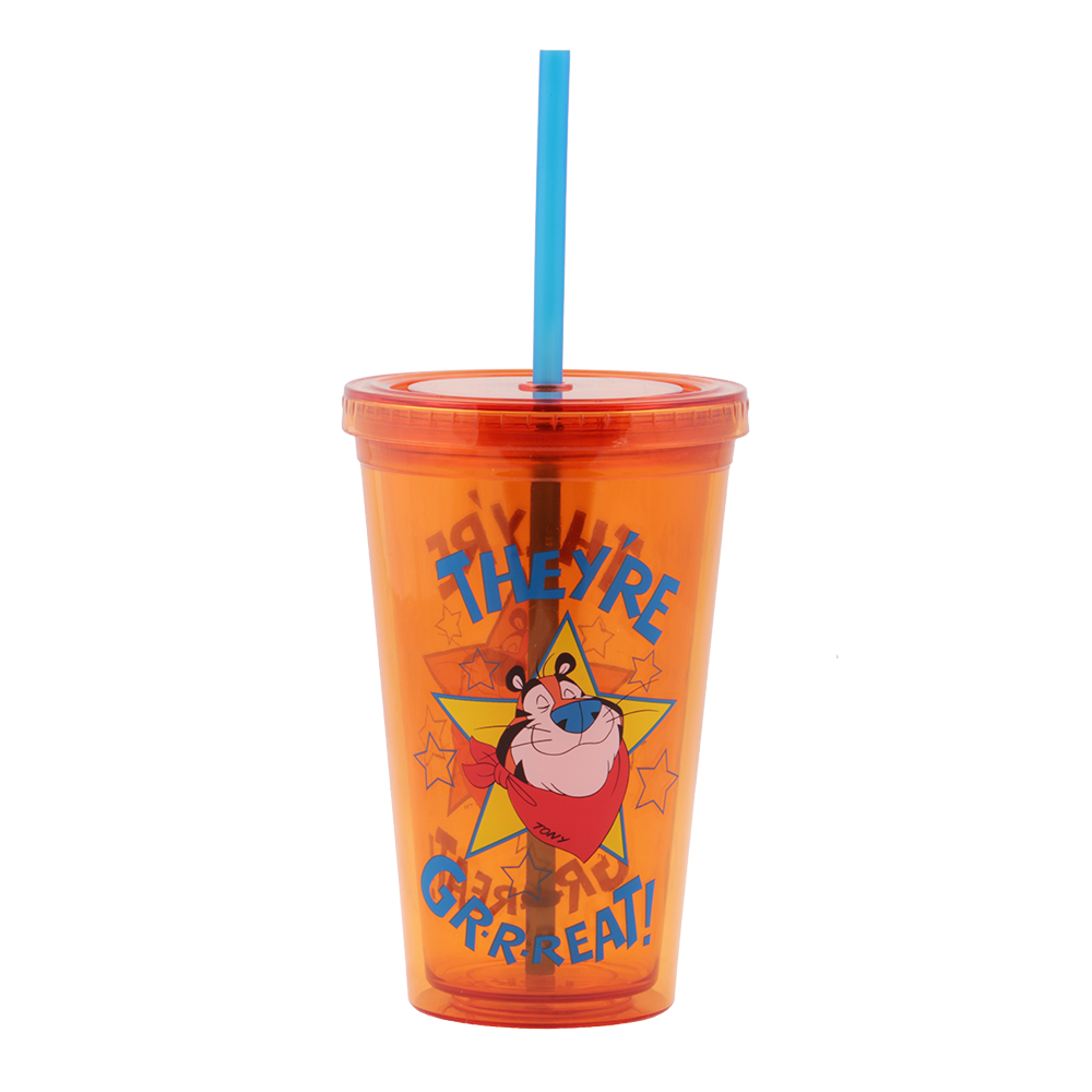 A bright orange Tony the Tiger™ tumbler featuring his smiling face and the iconic phrase 