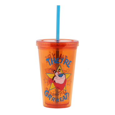 A bright orange Tony the Tiger™ tumbler featuring his smiling face and the iconic phrase "They're GRRREAT!" with a blue and straw.