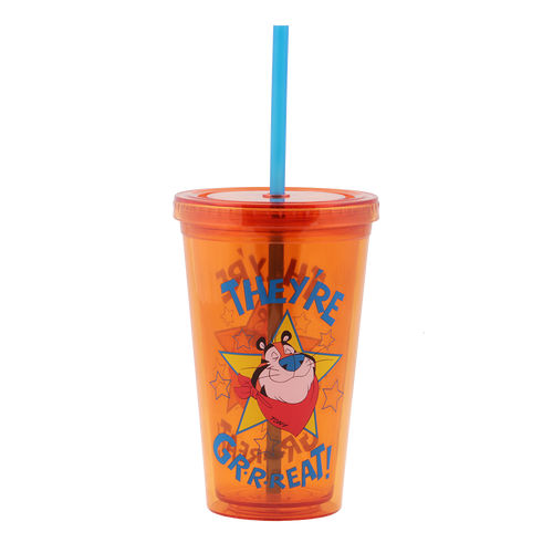 A bright orange Tony the Tiger™ tumbler featuring his smiling face and the iconic phrase "They're GRRREAT!" with a blue and straw.