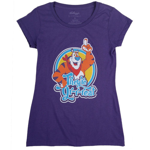 Purple Kellogg's Tony the Tiger junior t-shirt featuring 'They're Gr-r-reat!' text, inspired by Frosted Flakes cereal branding