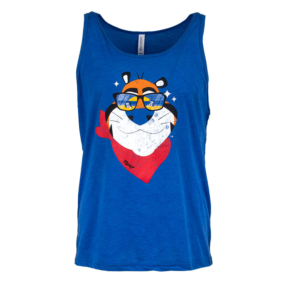 View of the Tony the Tiger® Shades Tank Top, highlighting its unisex fit and playful design with Tony's sunglasses reflecting Frosted Flakes