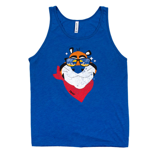 Front view of the Tony the Tiger® Shades Tank Top, featuring Tony's face with iconic sunglasses and a red bandana, printed on a vibrant blue tank.