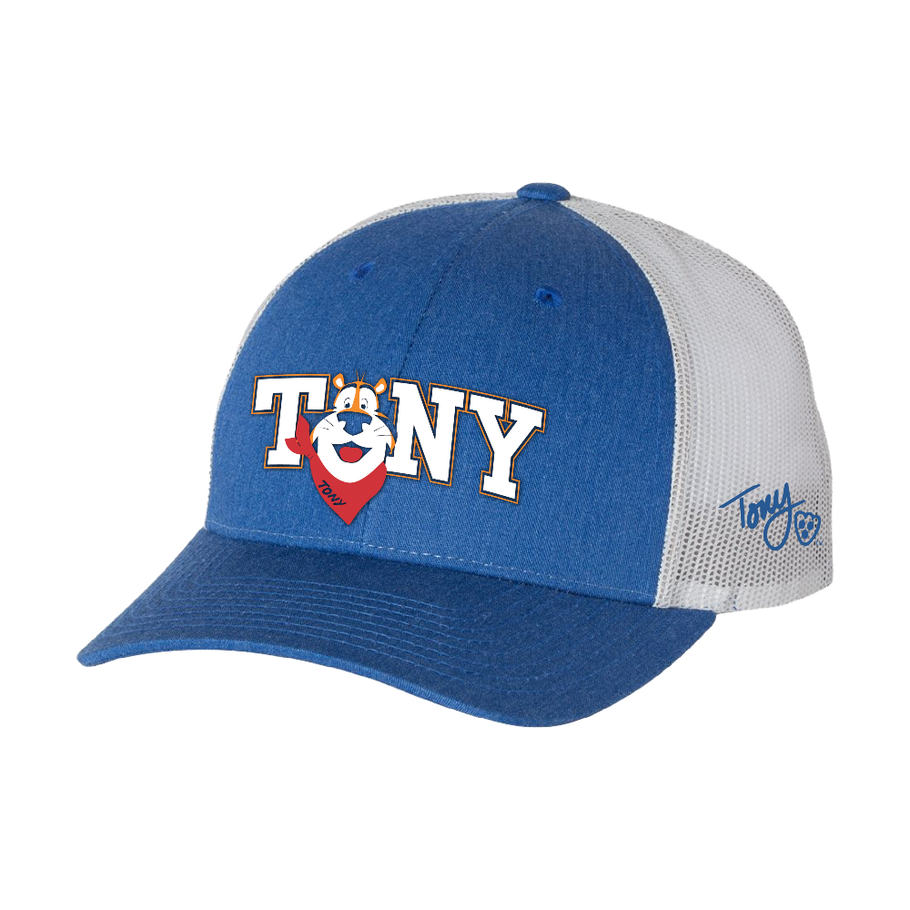 Tony the Tiger® Snapback Trucker Cap featuring vibrant embroidery of Tony on the front and his signature on the side, with an adjustable snapback closure and pre-curved visor for a stylish and comfortable fit.