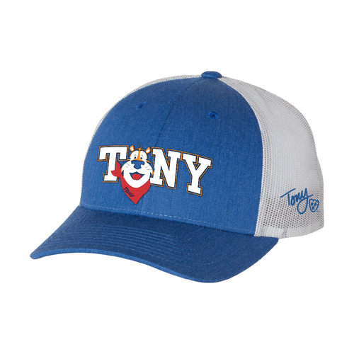 Tony the Tiger® Snapback Trucker Cap featuring vibrant embroidery of Tony on the front and his signature on the side, with an adjustable snapback closure and pre-curved visor for a stylish and comfortable fit.