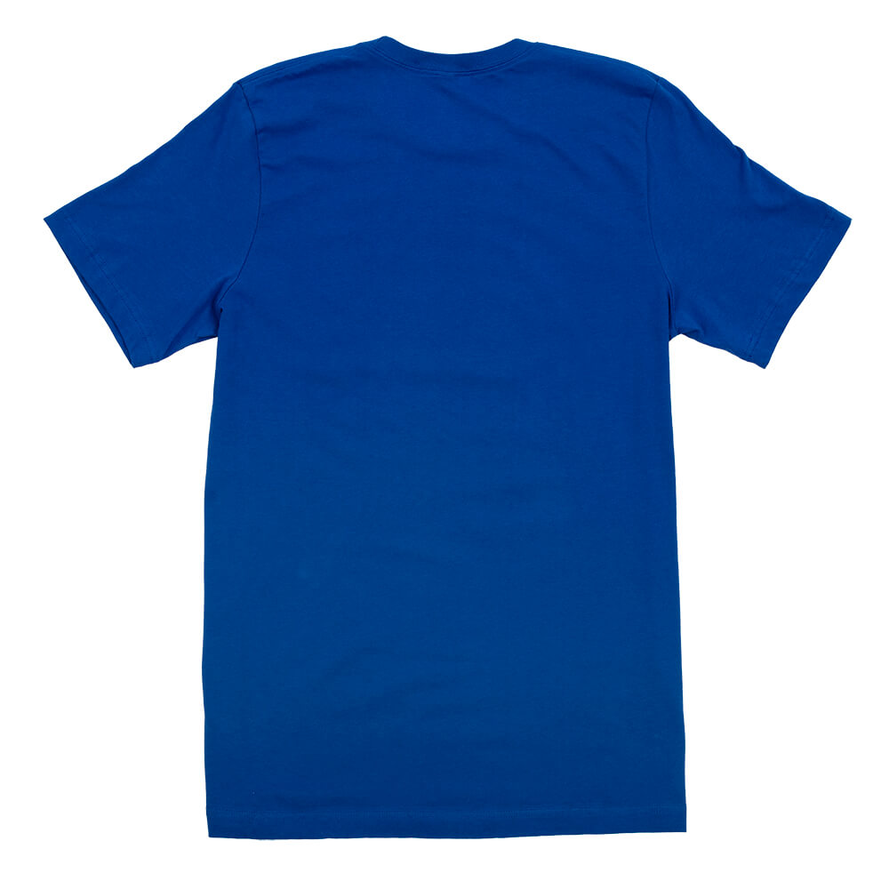 Back view of a plain blue unisex T-shirt, showcasing its sleek and simple design without additional prints. Ideal for casual everyday wear.