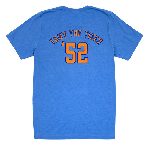 Back view of the Tony the Tiger Signature T-Shirt in blue featuring 'Tony the Tiger 52' text in orange.