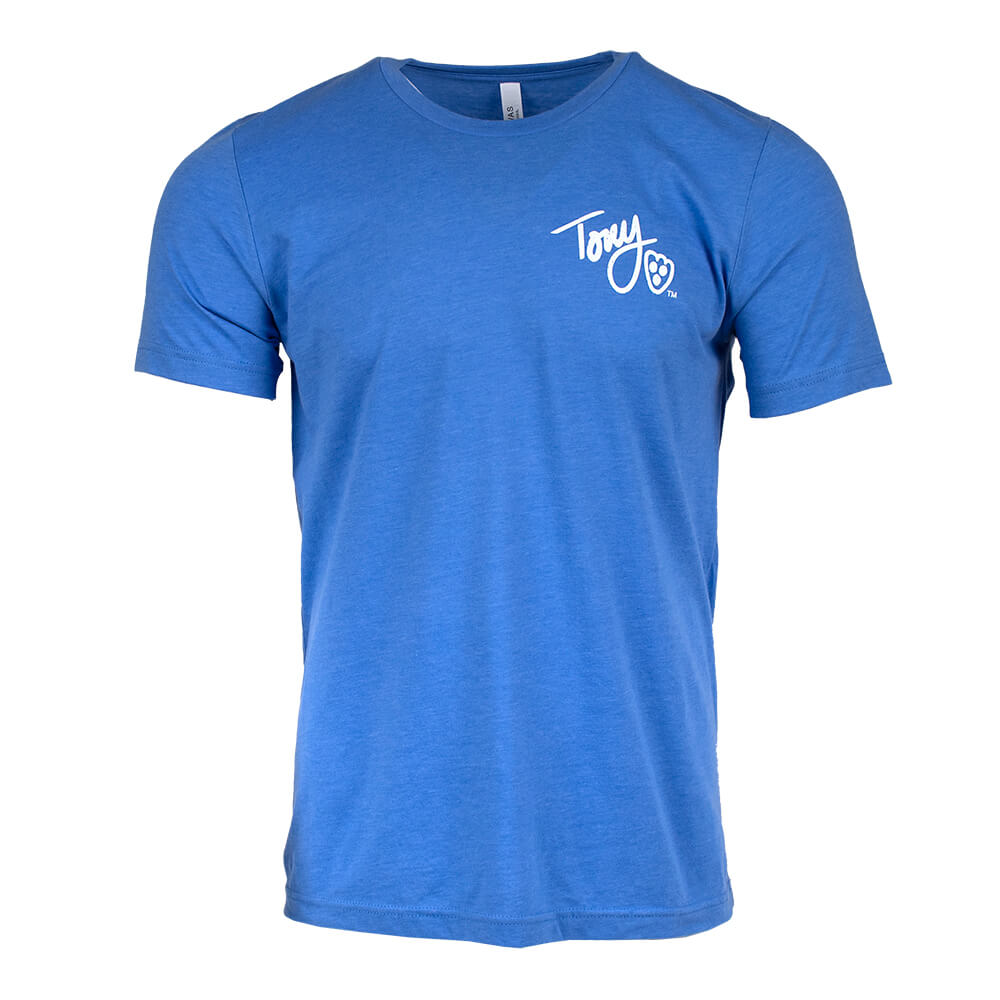 Modeled view of the Tony the Tiger Signature T-Shirt in blue with a close fit and Tony's signature logo on the chest.