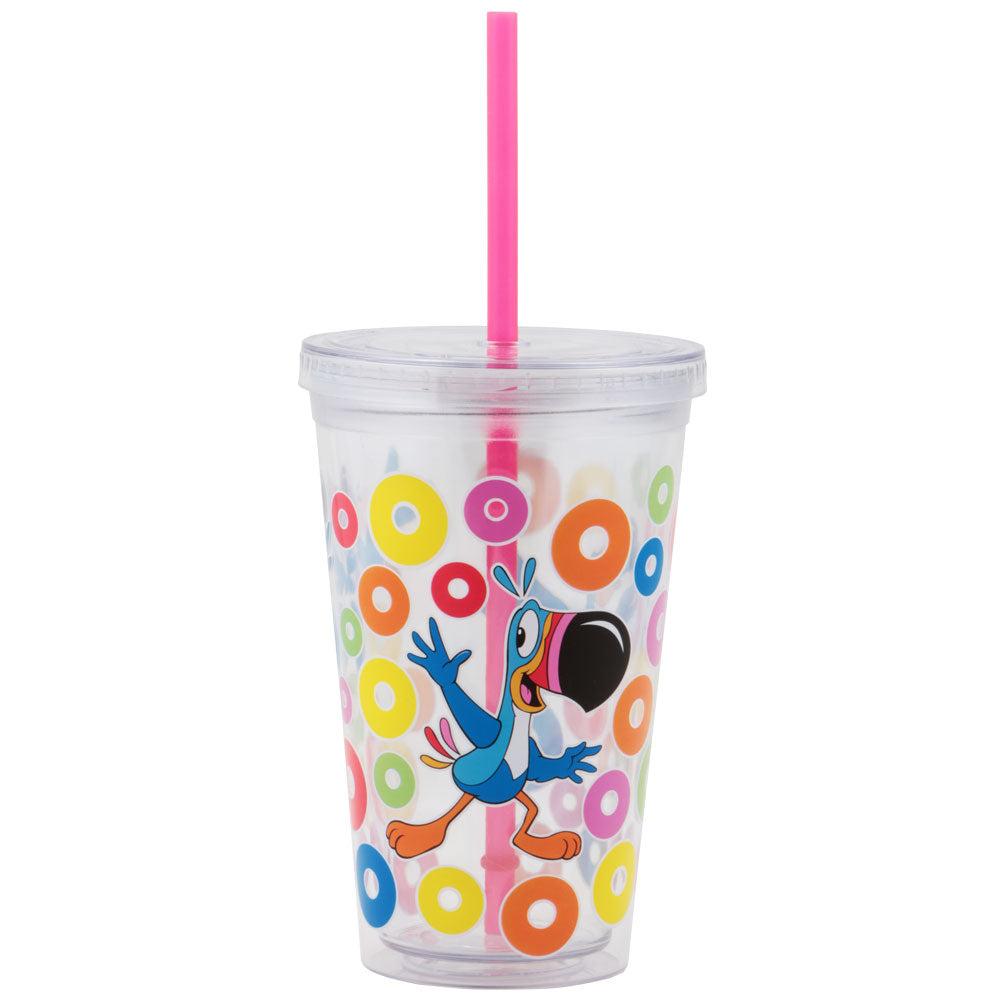 Toucan Sam™ double-walled tumbler featuring vibrant Froot Loops™ design, a clear lid, and a pink reusable straw, perfect for keeping drinks cold.