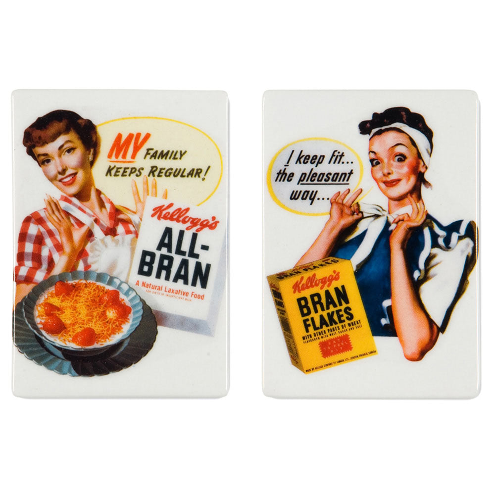 Vintage Kellogg's Porcelain Magnet Set with retro All-Bran® & Bran Flakes® designs. Set of 2 magnets.